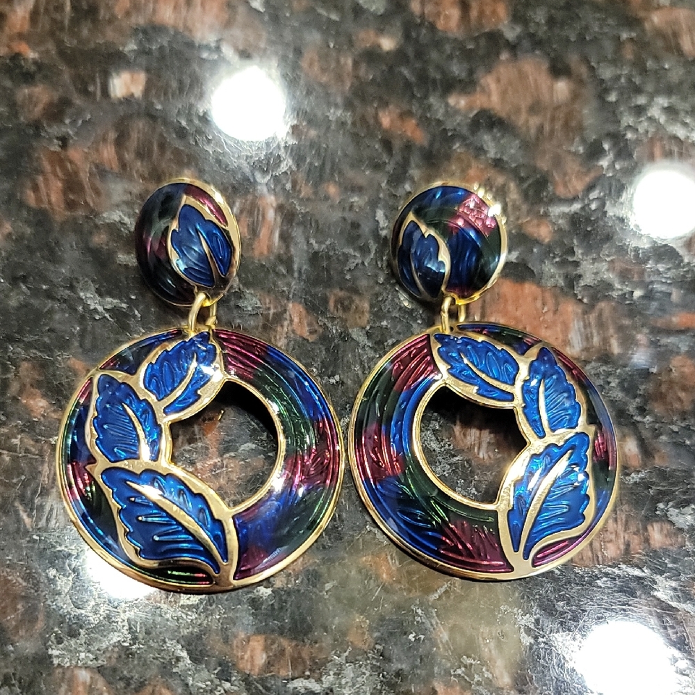 Vintage Berebi Elegant Blue and Gold Leaf Earrings